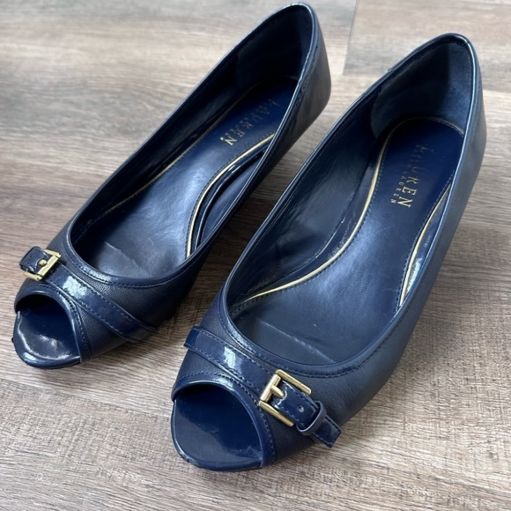 Lauren‎ Ralph Lauren Blue Leather Peep Toe Pumps Heels Shoes Buckles Size 8B